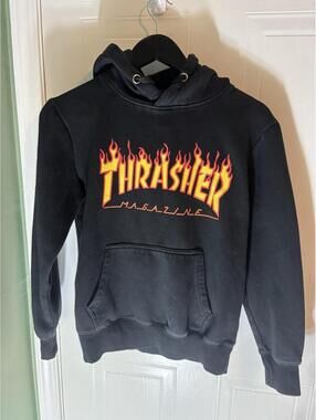 Thrasher Magazine S Small Flame Hoodie Sweatshirt Black Skate Boarding #1002